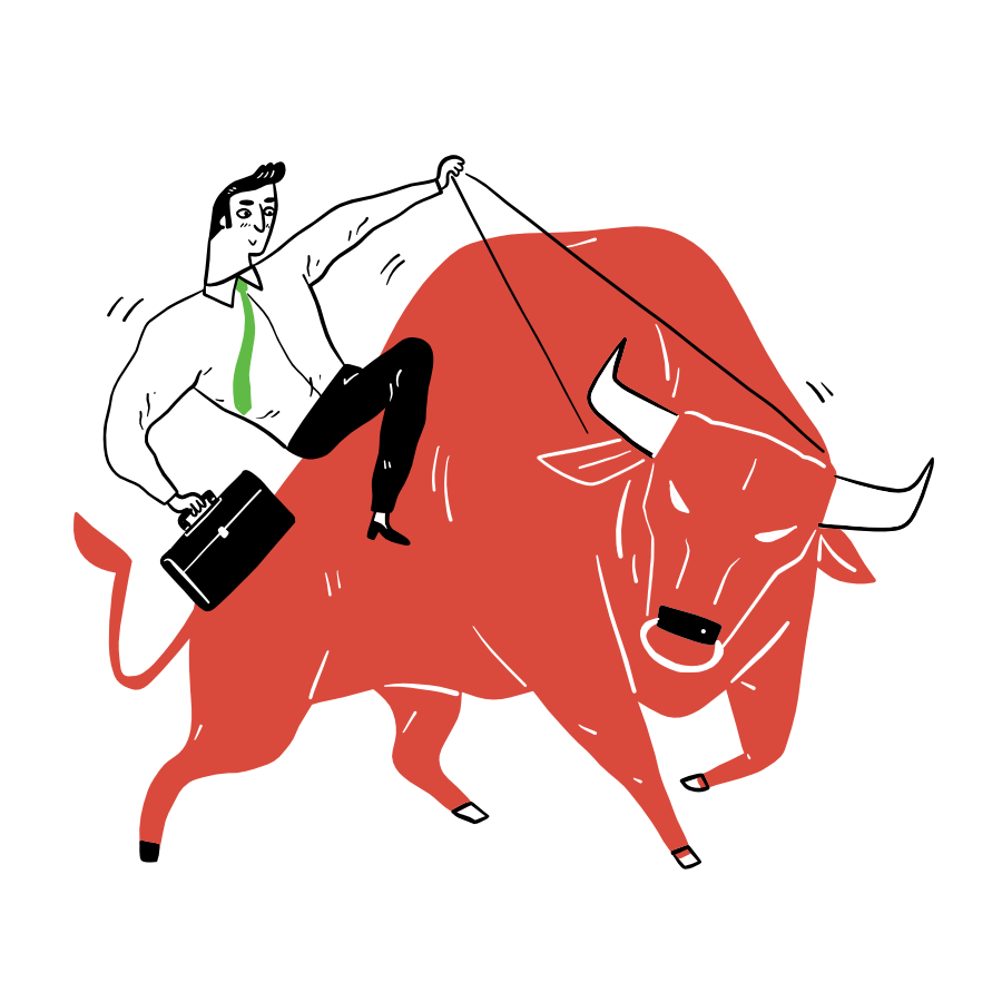 financial marketing image man riding bull